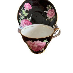 Vintage Aynsley Pink Cabbage Rose Black Base Bone China Tea Cup & Saucer C920